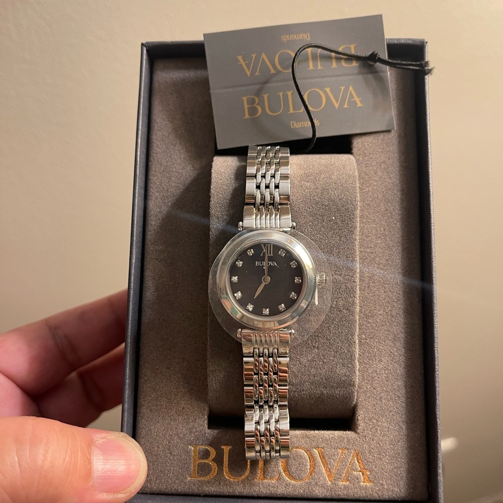 Bulova Silver Women's Watch with Black Dial